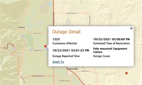 Power outage in gardnerville nv - Power was restored to 1,600 of 2,733 customers in Stateline, according to nevenergy.com. The outage was reported at 10:24 a.m. Traffic lights along Highway 50 at Kingsbury Grade and Kahle were reportedly disabled by the outage. According to the company’s web site the cause of the outage is under investigation.